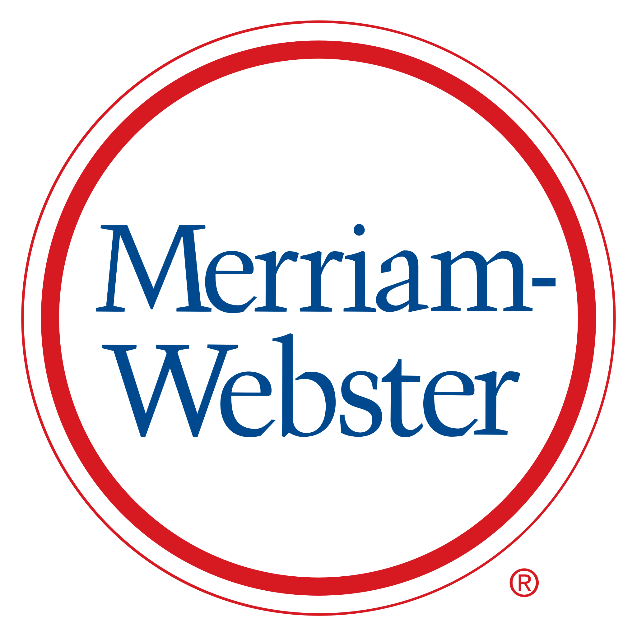 The Merriam-Webster logo. Inside of two red circles, the outer one being thinner than the inner one, the word's "Merriam-Webster" are writtin in blue.