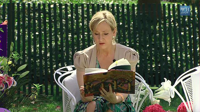A photo of JK Rowling reading from The Philosopher's Stone at The White House in 2010