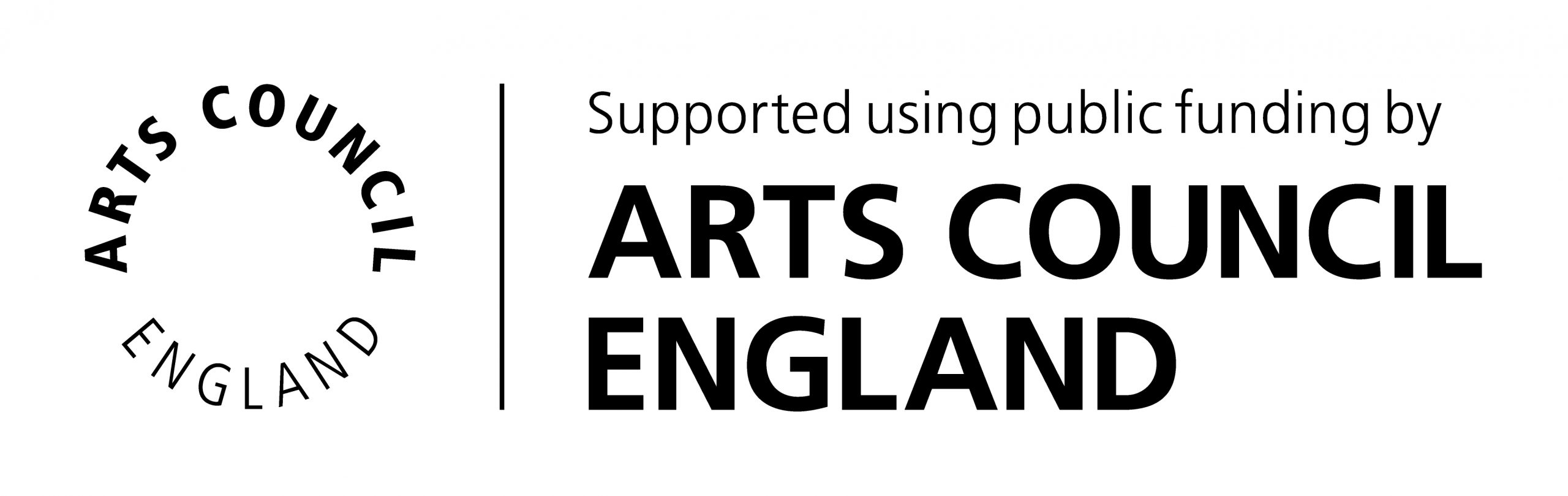 Arts Council England logo. It is the words "arts council england" in a circle next to a tagline which reads "Supported using public funding by arts...