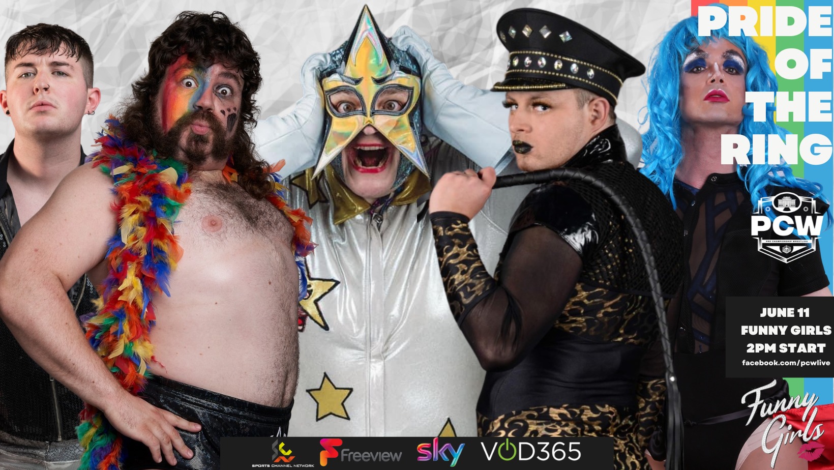 One of the posters for PCW UK Live Wrestling's Pride of The Ring Event showing five competitors. From left to right is Tyler Adams, Sassy Bear, Com...