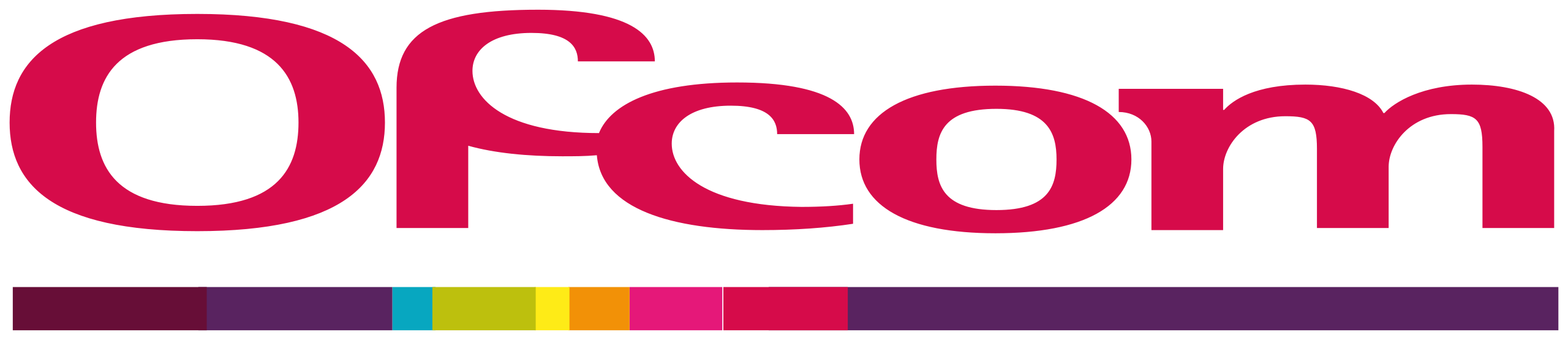 Which has the word "Ofcom" sitting on a thick bold underline which changes from burgandy to a dark purple, then a light blue, light green, yellow, ...