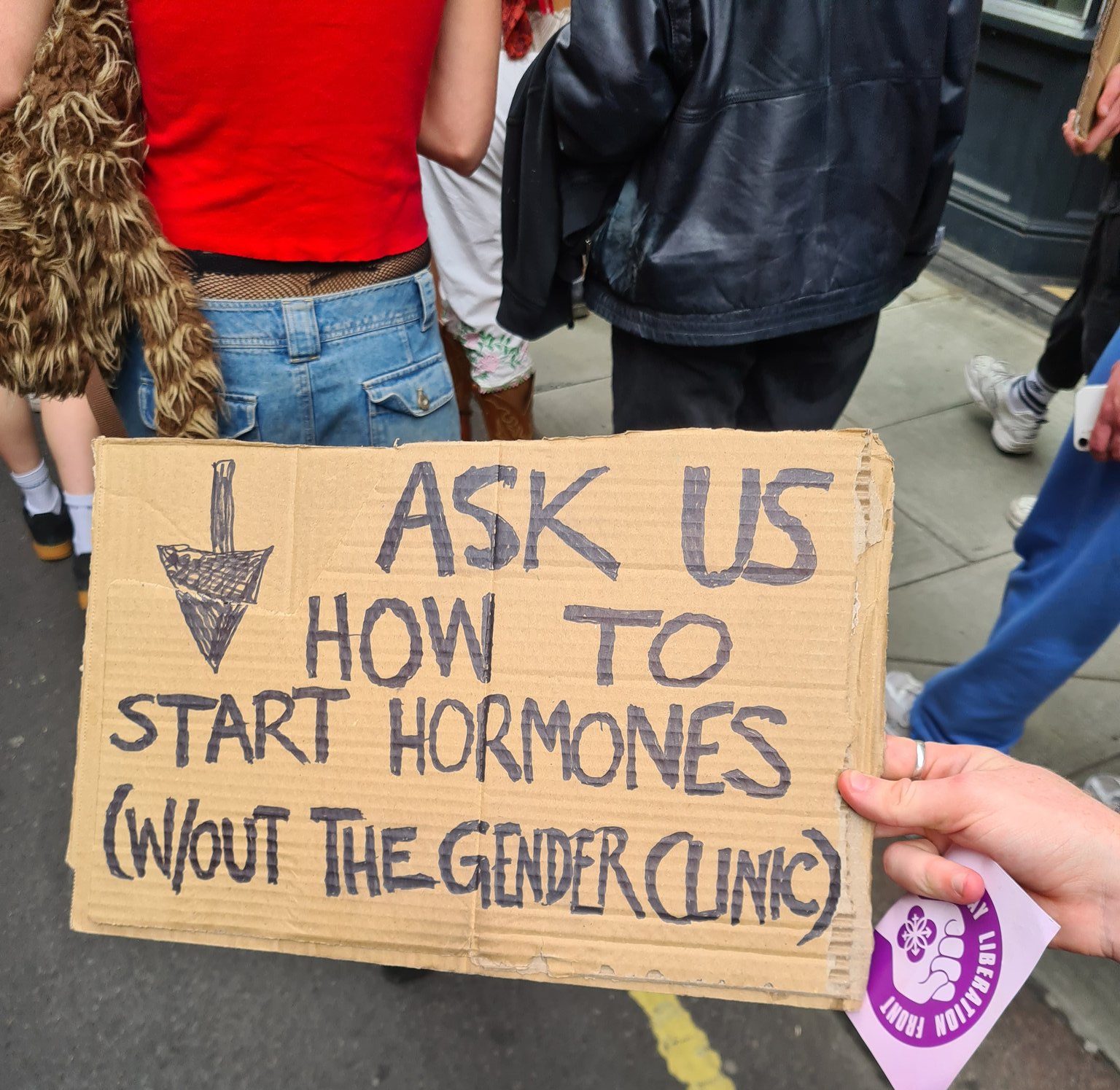 A sign from Trans Pride London 2021 which reads "Ask Us How to Start Hormones (without the gender clinic)". Source: https://twitter.com/itsjacksonb...