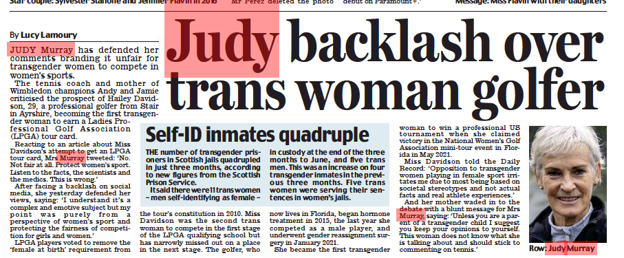 Judy backlash over trans woman golfer Scottish Daily Mail24 Aug 2022By Lucy Lamoury JUDY Murray has defended her comments branding it unfair for transgender women to compete in women’s sports. The tennis coach and mother of Wimbledon champions Andy and Jamie criticised the prospect of Hailey Davidson, 29, a professional golfer from Stair in Ayrshire, becoming the first transgender woman to earn a Ladies Professional Golf Association (LPGA) tour card. Reacting to an article about Miss Davidson’s attempt to get an LPGA tour card, Mrs Murray tweeted: ‘No. Not fair at all. Protect women’s sport. Listen to the facts, the scientists and the medics. This is wrong.’ After facing a backlash on social media, she yesterday defended her views, saying: ‘I understand it’s a complex and emotive subject but my point was purely from a perspective of women’s sport and protecting the fairness of competition for girls and women.’ LPGA players voted to remove the ‘female at birth’ requirement from the tour’s constitution in 2010. Miss Davidson was the second trans woman to compete in the first stage of the LPGA qualifying school but has narrowly missed out on a place in the next stage. The golfer, who now lives in Florida, began hormone treatment in 2015, the last year she competed as a male player, and underwent gender reassignment surgery in January 2021. She became the first transgender woman to win a professional US tournament when she claimed victory in the National Women’s Golf Association mini-tour event in Florida in May 2021. Miss Davidson told the Daily Record: ‘Opposition to transgender women playing in female sport irritates me due to most being based on societal stereotypes and not actual facts and real athlete experiences.’ And her mother waded in to the debate with a blunt message for Mrs Murray, saying: ‘Unless you are a parent of a transgender child I suggest you keep your opinions to yourself. This woman does not know what she is talking about and should stick to commenting on tennis.’
