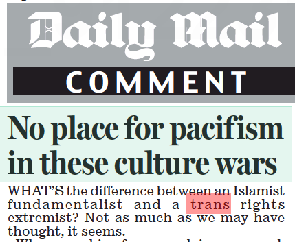 No place for pacifism in these culture wars Daily Mail15 Aug 2022 WHAT’S the difference between an Islamist fundamentalist and a trans rights extremist? Not as much as we may have thought, it seems. Where crushing free speech is concerned, they are very much on the same page. These disparate groups are trying to silence JK Rowling for the sin of speaking her mind – first over the rights of natural-born women, now in support of Salman Rushdie. It takes the maxim that my enemy’s enemy is my friend to absurd limits.
