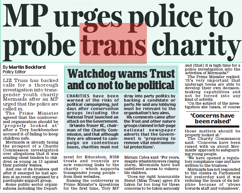MP urges police to probe trans charity Daily Mail13 Oct 2022By Martin Beckford Policy Editor LIZ Truss has backed calls for a thorough investigatio...