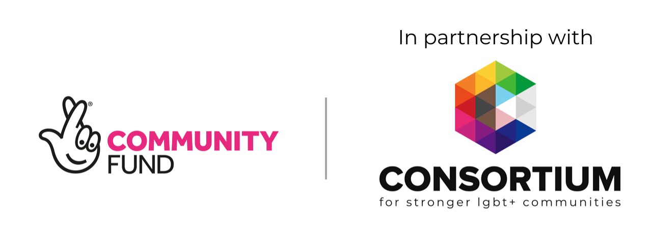LGBT+ Futures: Equity Fund. A partnership between LGBT+ Consortium and The National Lottery Community Fund. The Image shows their logos.