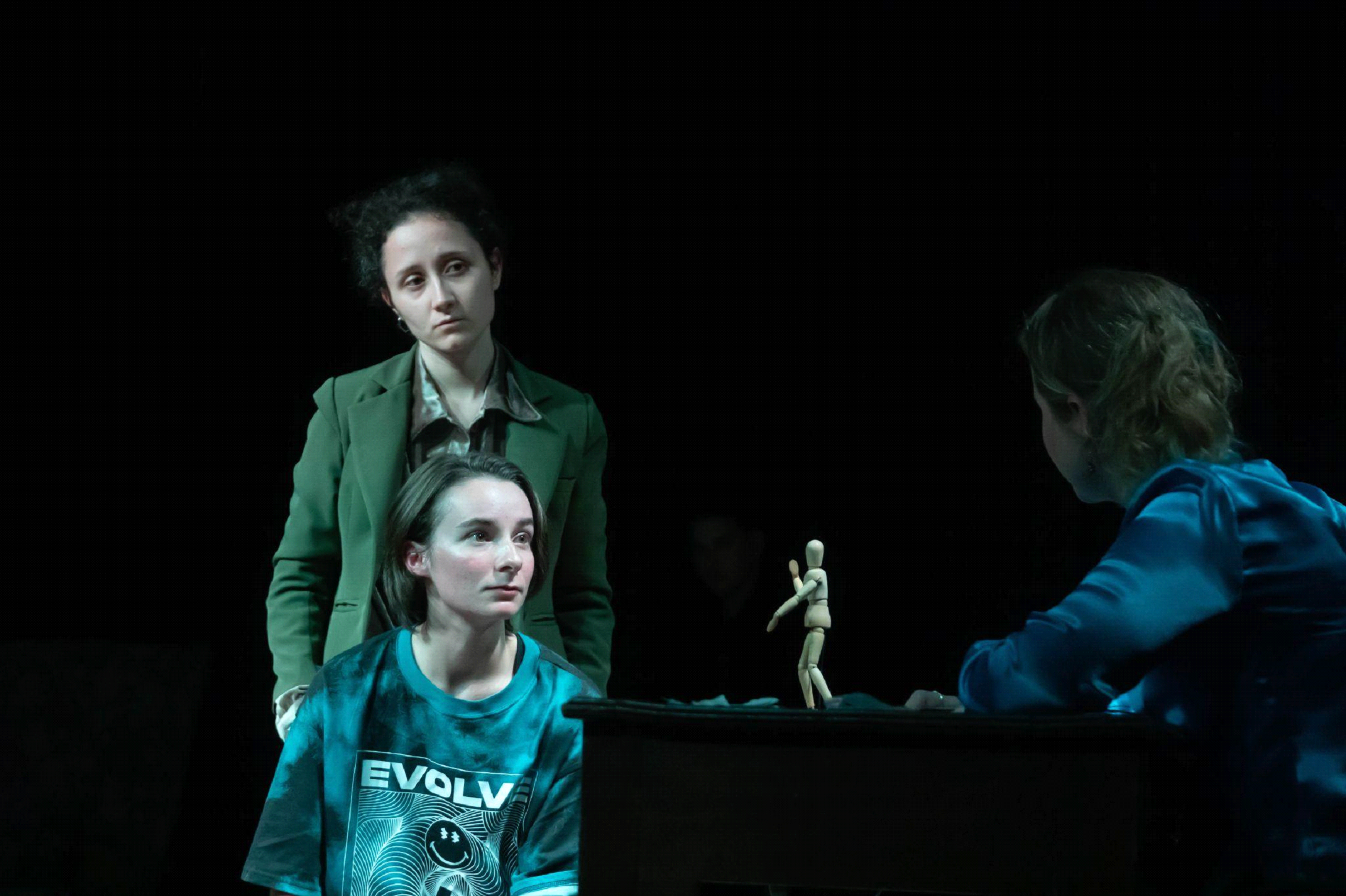 A production photo of Real Boy (UEA Drama Studio, 22 October, 2022) by Henry Webb (@hwebb_creative). Pictured are three characters from the play, i...