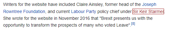 Writers for the website have included Claire Ainsley, former head of the Joseph Rowntree Foundation, and current Labour Party policy chief under Sir Keir Starmer. She wrote for the website in November 2016 that "Brexit presents us with the opportunity to transform the prospects of many who voted Leave".[8]
