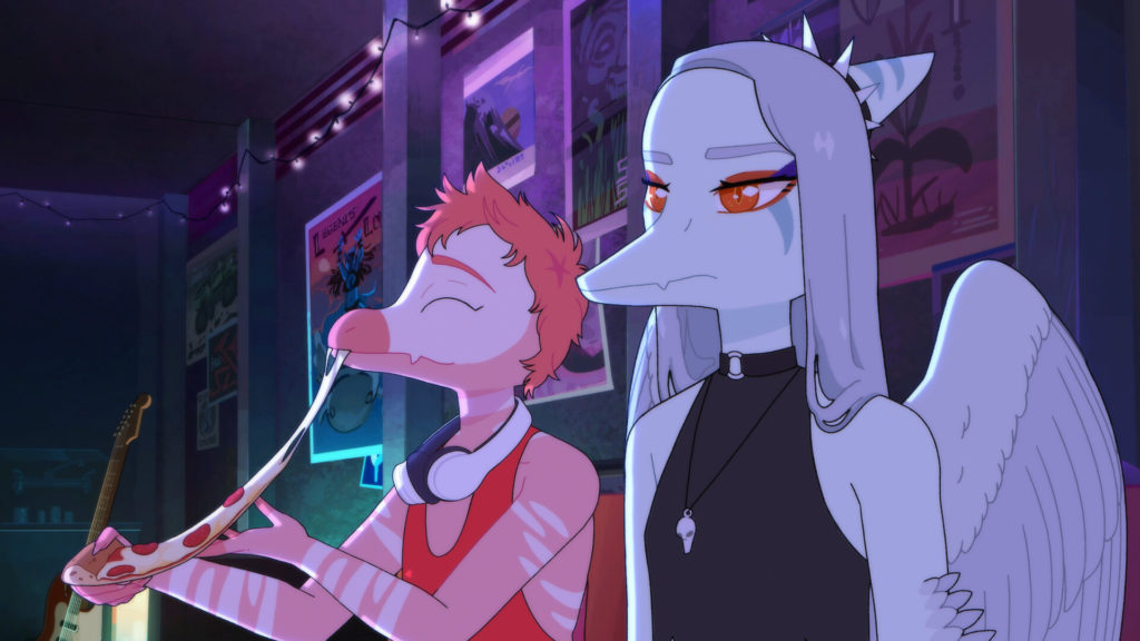 Goodbye Volcano High: Fang and their friend sit together and enjoy pizza in a room lit very bisexually