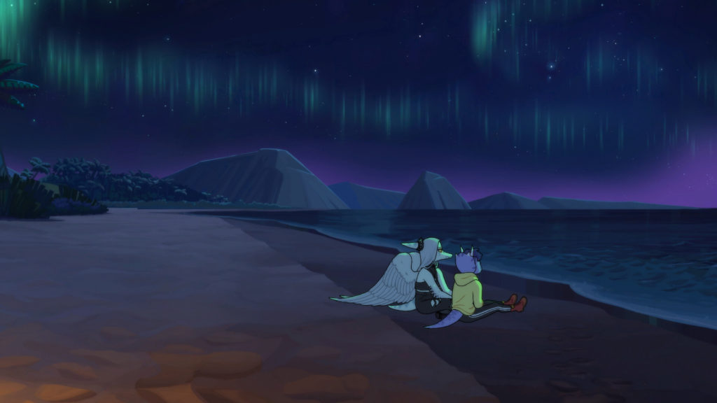 Goodbye Volcano HIgh: two anthropomorphic dinosaur teenagers sit on a beach below a sky lit up by the aurora borealis. 