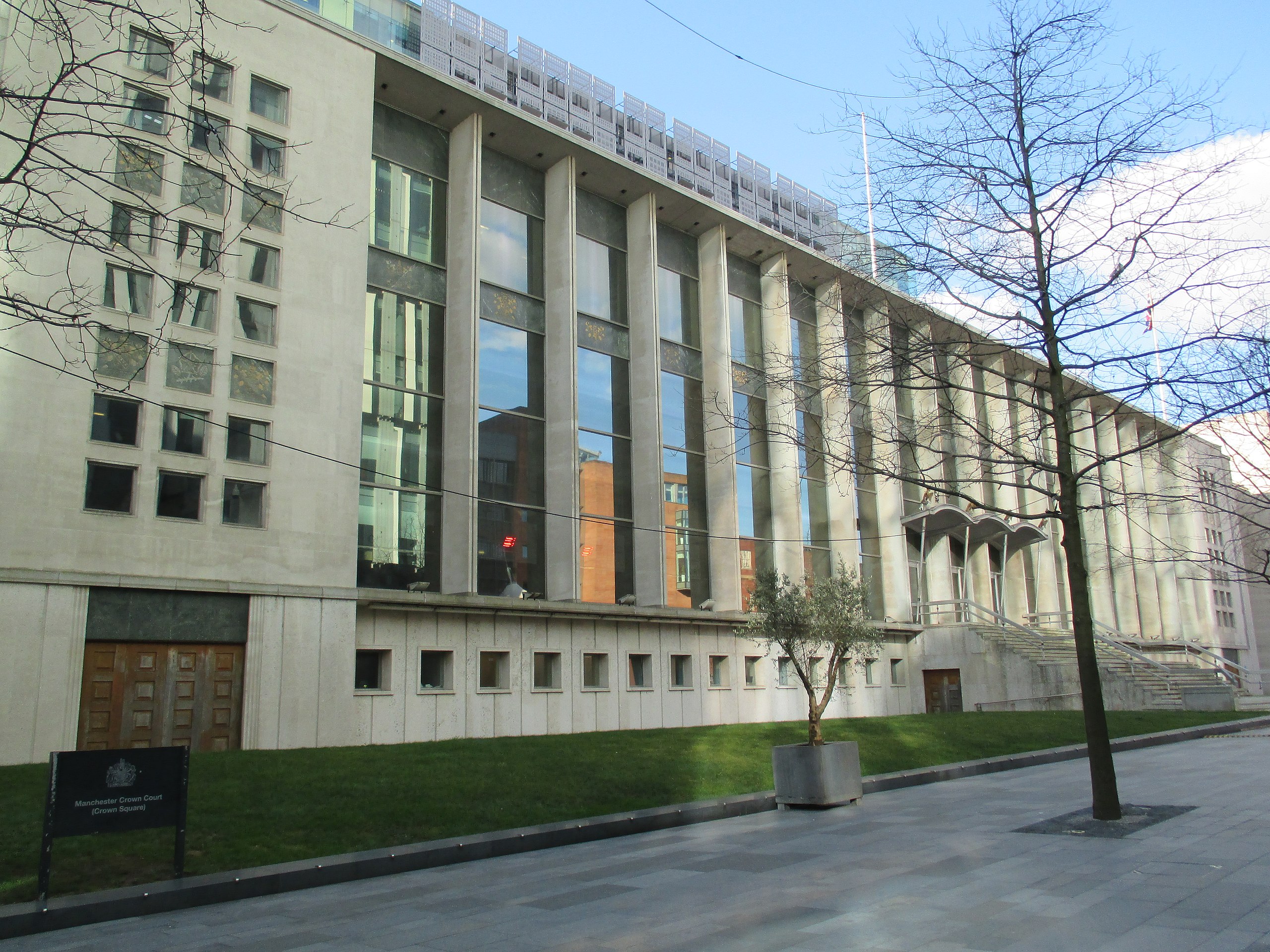 A photo of Manchester Crownd Court where the Brianna Ghey murder trial is being heard and Brianna Ghey's murderers will be sentenced
