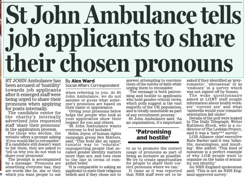 St John Ambulance tells job applicants to share their chosen pronouns Daily Mail29 Mar 2024By Alex Ward Social Affairs Correspondent ST JOHN Ambula...