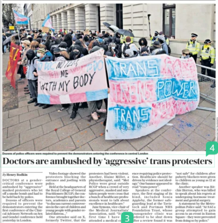 Screenshot of an article in the TElegraph featuring an image of protestors holding trans supportive message with the headline "Doctors are ambushed...