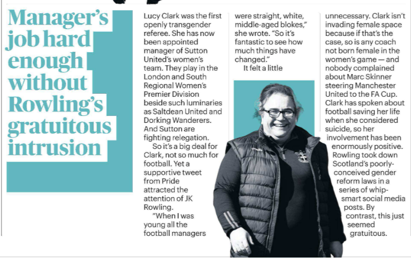 Manager’s job hard enough without Rowling’s gratuitous intrusion Lucy Clark was the first openly transgender referee. She has now been appointed ma...