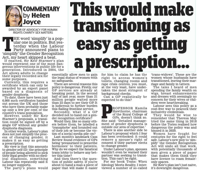 Helen Joyce Daily Mail article