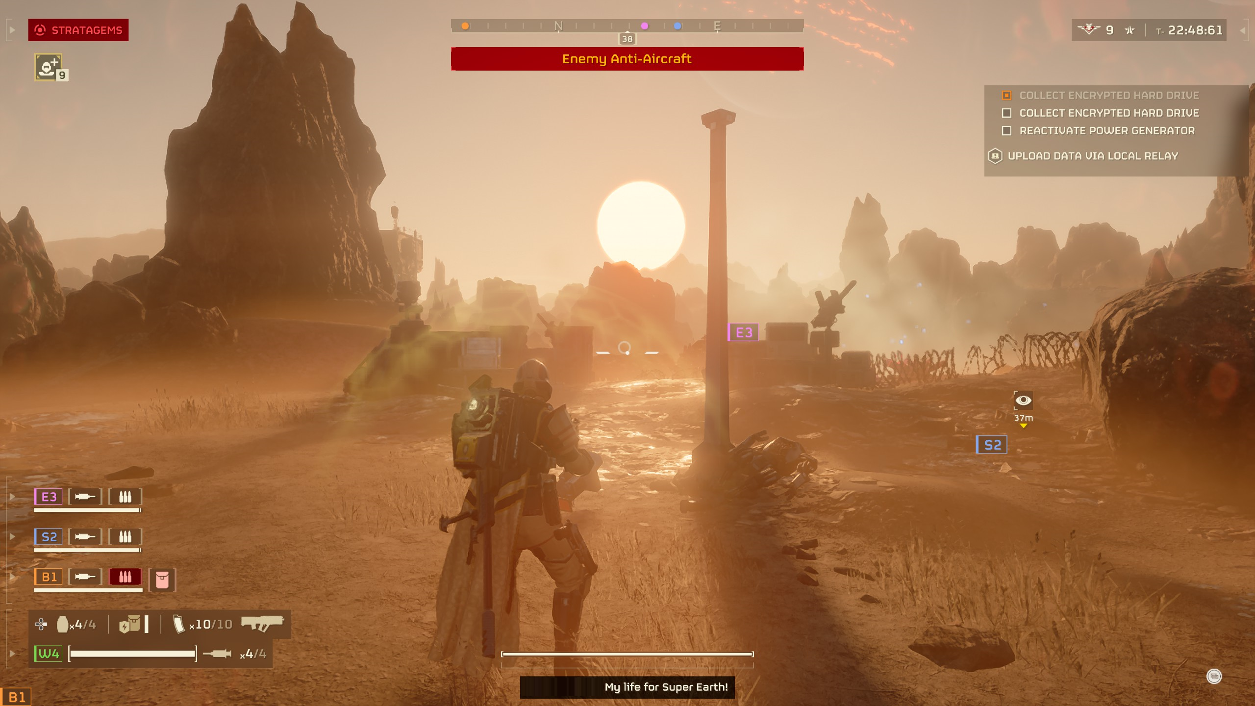 Helldivers 2 queerphobia; a screenshot of my gameplay in Helldivers 2 showing a desert planet and rocky landscape.