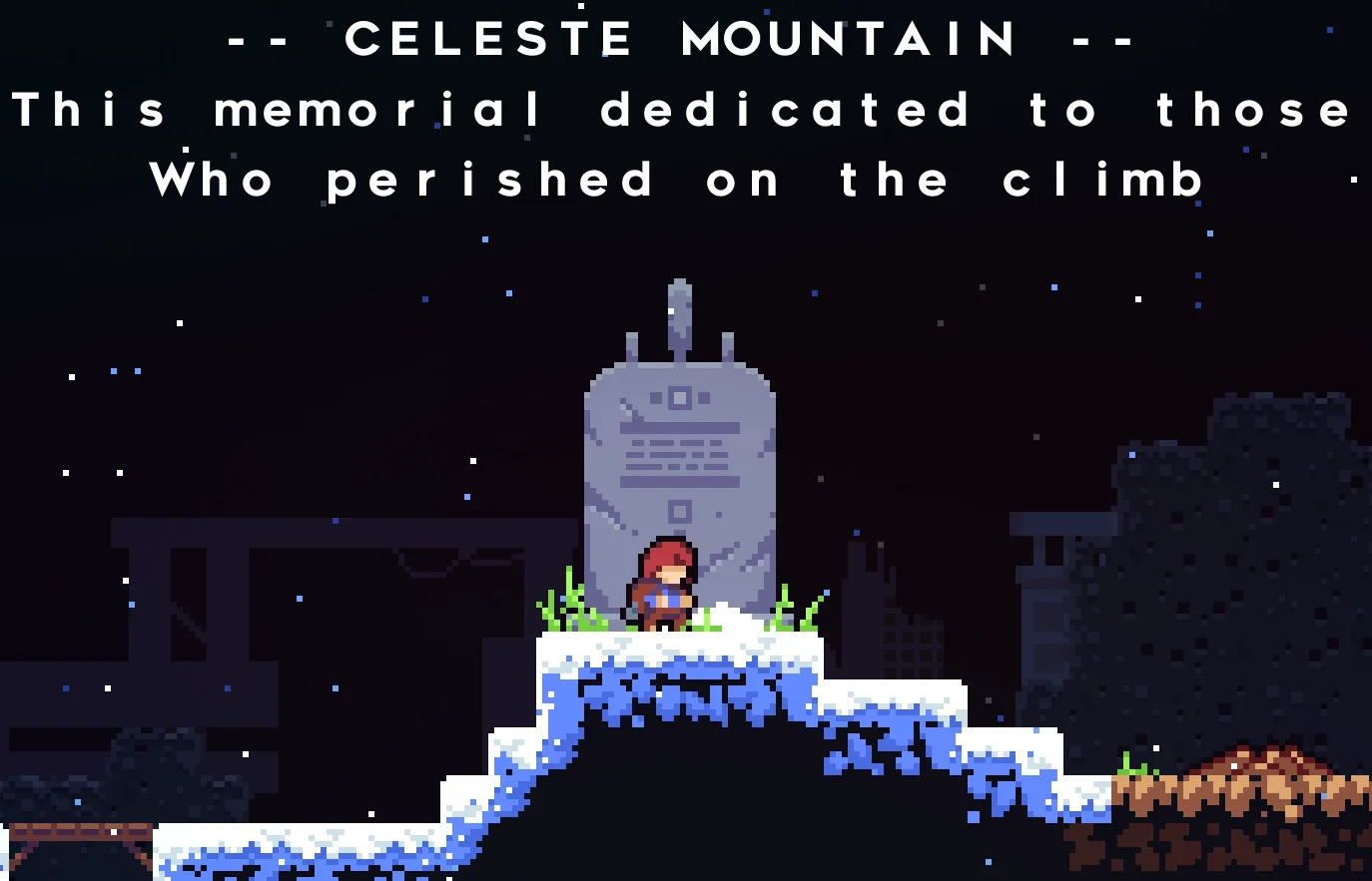 JK Rowling and the 16 dead children; sceenshot from the game Celeste which shows the character standing atop a mountain next to a monument. The mon...