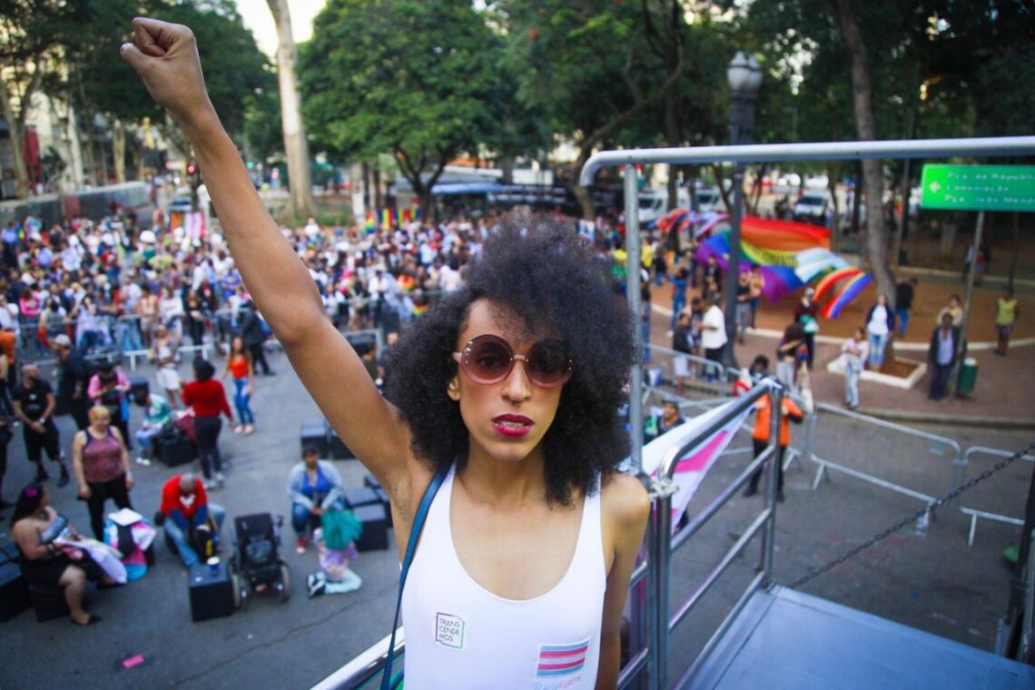 A photo of Erika Hilton at Marcha do Orgulho Trans (Trans Pride March) in 2019. She is photographed in front of a crowd with her fist raised up in ...