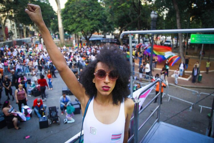 A photo of Erika Hilton at Marcha do Orgulho Trans (Trans Pride March) in 2019. She is photographed in front of a crowd with her fist raised up in ...