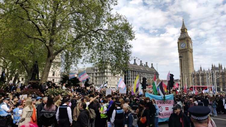 A protest against the Supreme Court by transgender people and allies. Thousands of people are pictured outside the House of Parliament with Big Ben...
