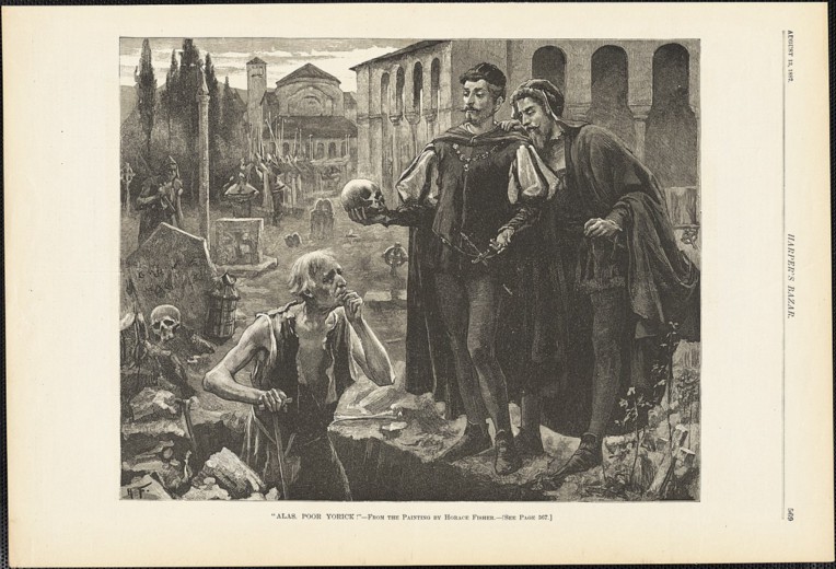 An image of a painting by Horace Fisher titled “Alas, poor Yorick!” of the scene from Shakespeare’s Hamlet. The scene shows three men in a graveyard. Two are well dressed and positioned above the rag cloth dressed man who looks up at them from inside an open grave. One of the well dressed men is holding a skull.