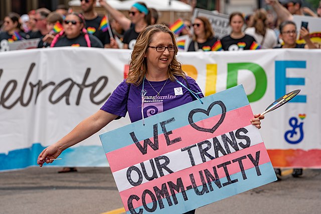 A photo of a woman at a Pride event holding a sign painted with the trans flag that reads 