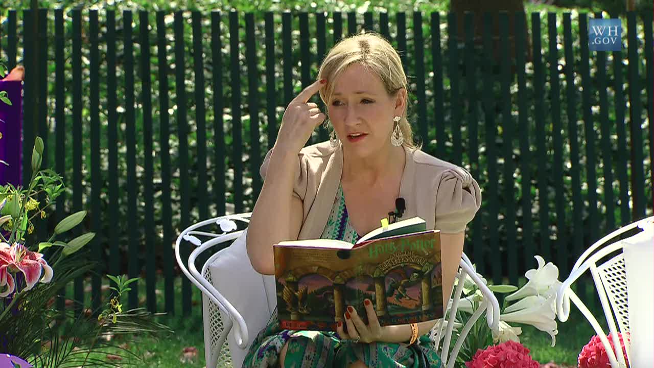 A photo of JK Rowling reading from The Philosopher's Stone at The White House in 2010