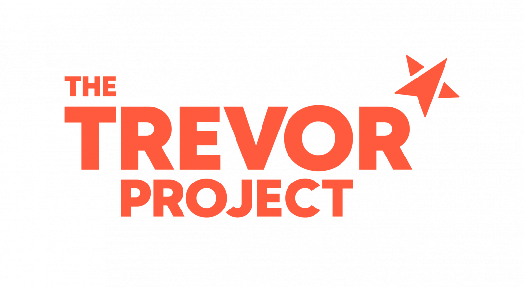 The Trevor Project logo. Chunky orange text with a little star.