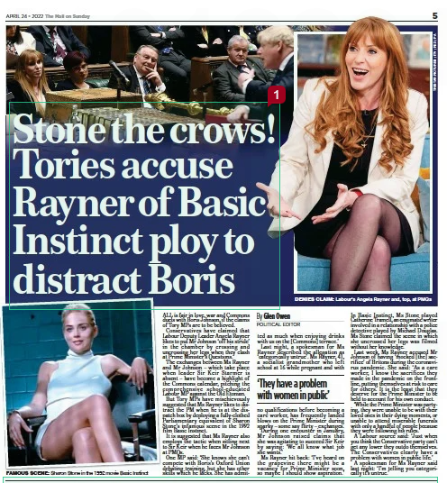 Sunday Mail page 5 showing Angela Raynor with the headline 'Stone the crows! Tories accuse Rayner of Basic Instinct ploy to distract Boris' Full Alt Text: https://pressreader.com/article/281569474285911