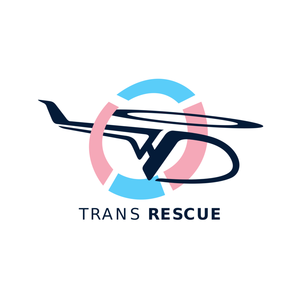The Trans Rescue logo, which shows a helicopter flying with a ring of trans flag colours around it. Underneath which it reads Trans Rescue. They run Eden House.