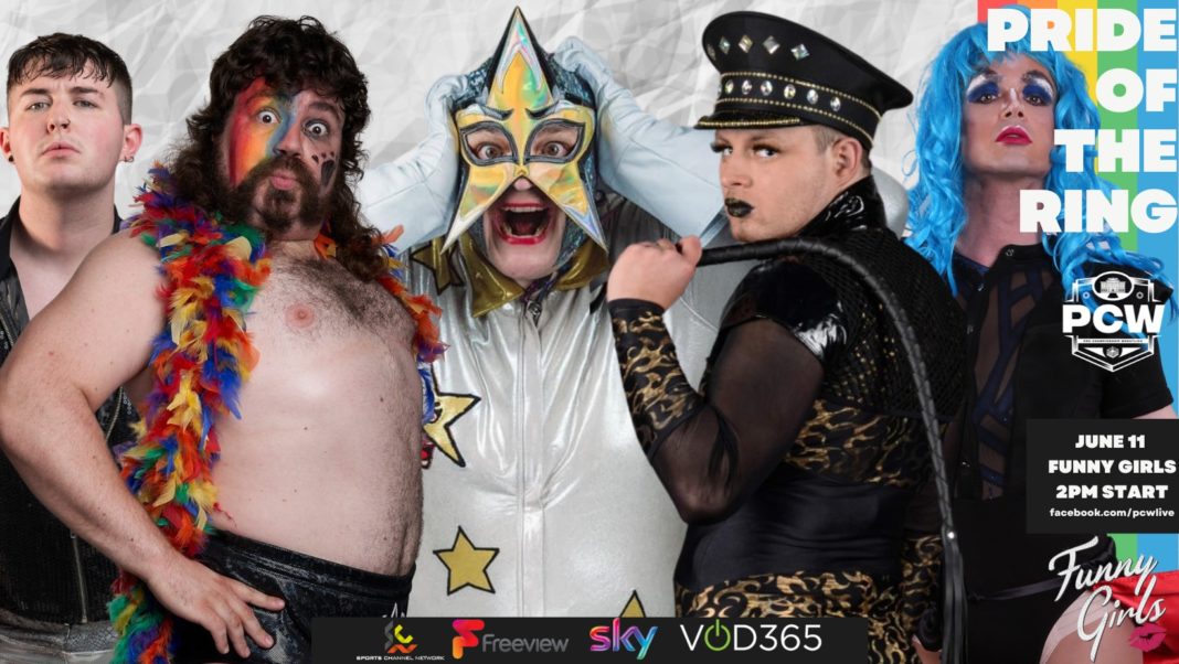 One of the posters for PCW UK Live Wrestling's Pride of The Ring Event showing five competitors. From left to right is Tyler Adams, Sassy Bear, Commander Stephanie Sterling, Che Monet and Priscilla