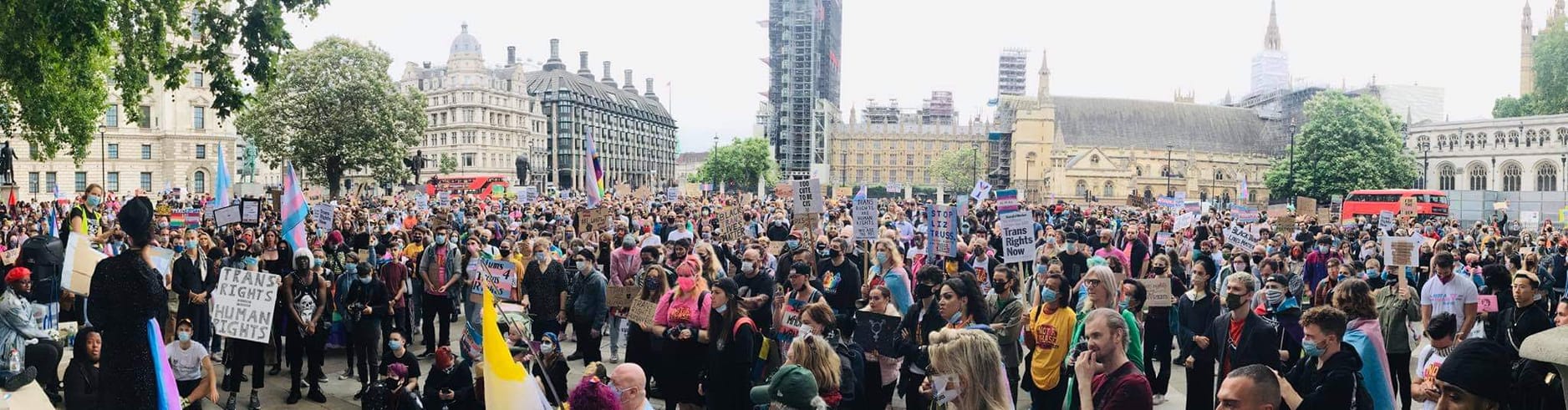 A photograph from a protest in support of trans liberation showing hundreds if not thousands of supporters.
