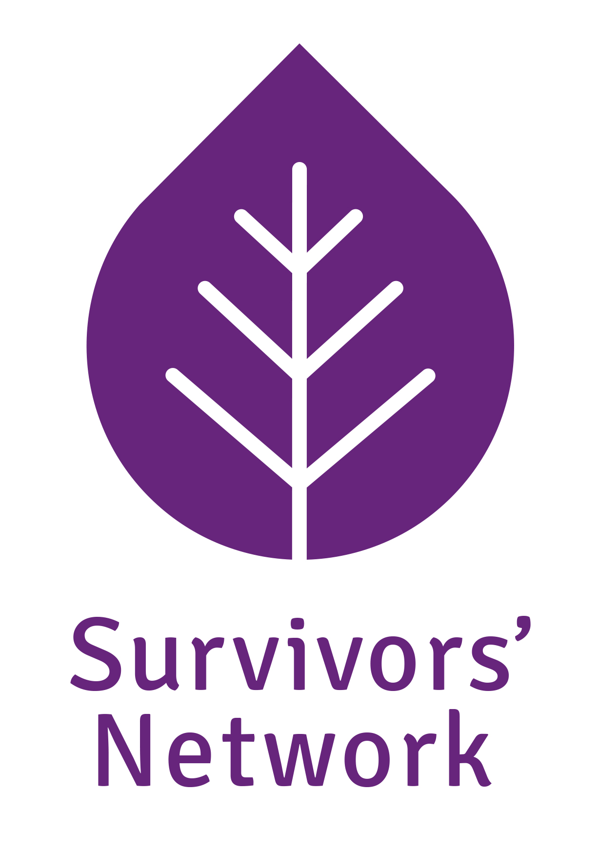 The Survivor's Network Logo. Its a round leaf in a vertical position, the stem parts look like a twiggy tree growing in side. The logo is purple and underneath it reads 