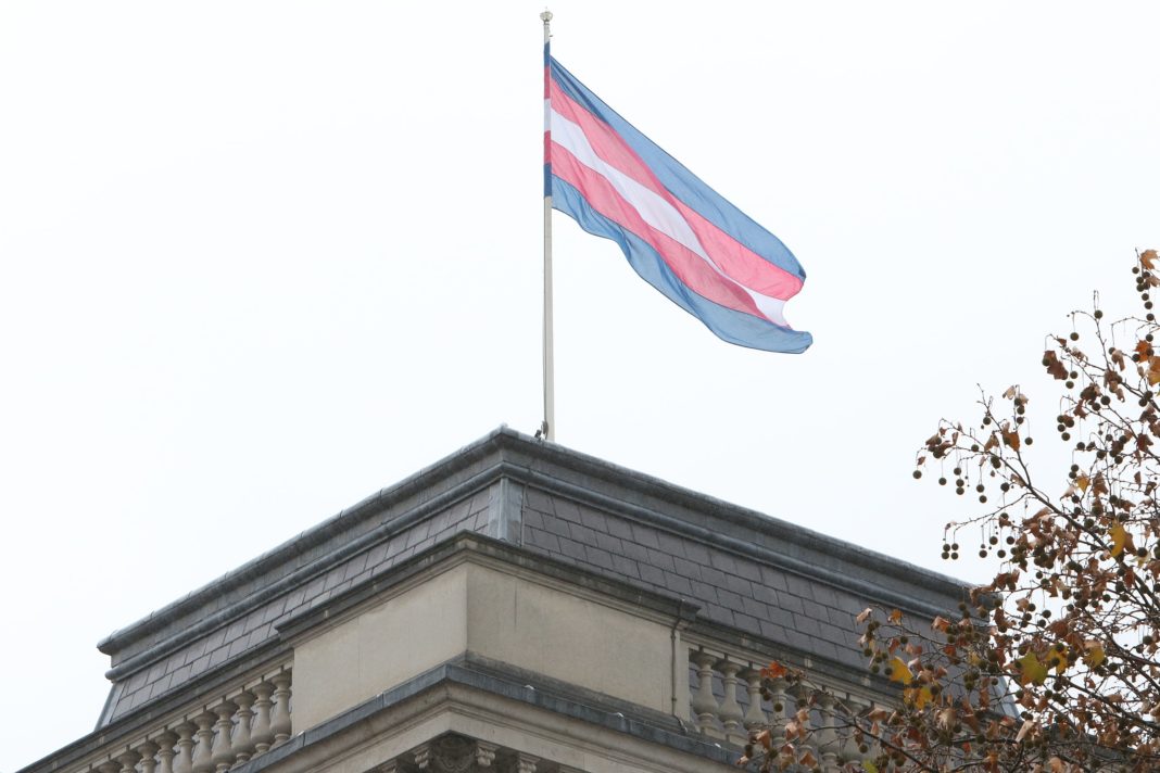 A transgender pride flag flying above the Foreign and Common Wealth Office in London. Photo by Foreign and Common Wealth Office.