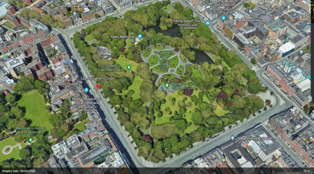 Google Earth view of St Stephen's Green showing a spacious park in the heart of the city