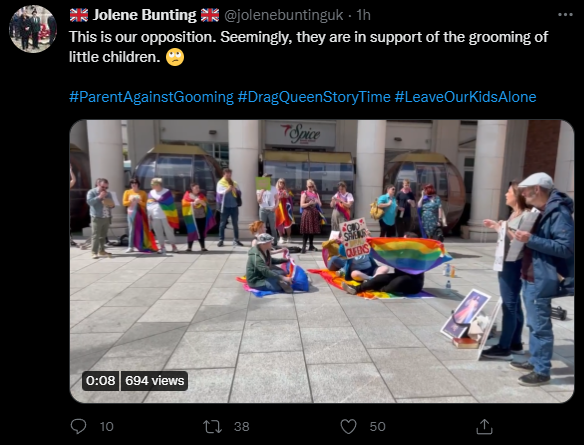 Jolene Bunting tweet that says This is our opposition. Seemingly, they are in support of the grooming of little children. 🙄 while showing LGBTQIA+ counter protestors