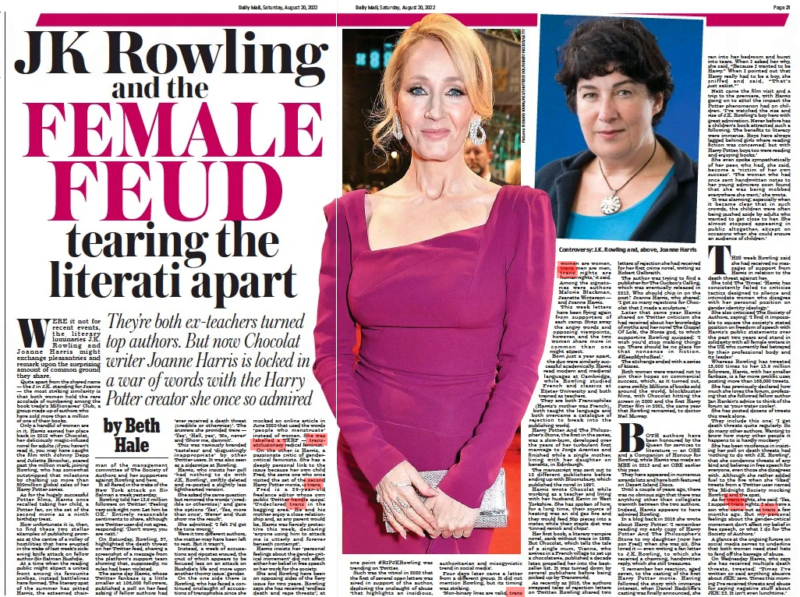 2 pages from the Daily Mail on "JK Rowling and the female feud tearing the literati apart"