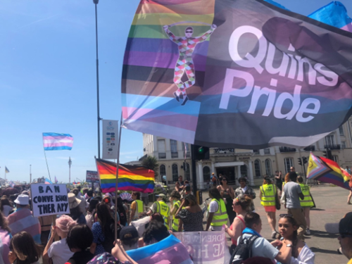 A protest featuring the QuinsPride flag
