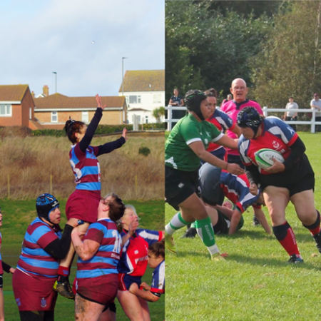 trans women playing rugby, two photos side by side