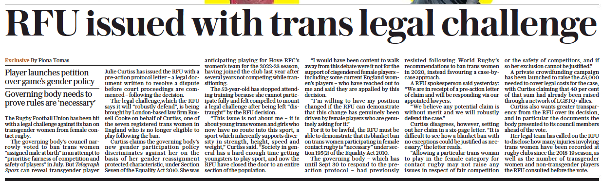 RFU issued with trans legal challenge