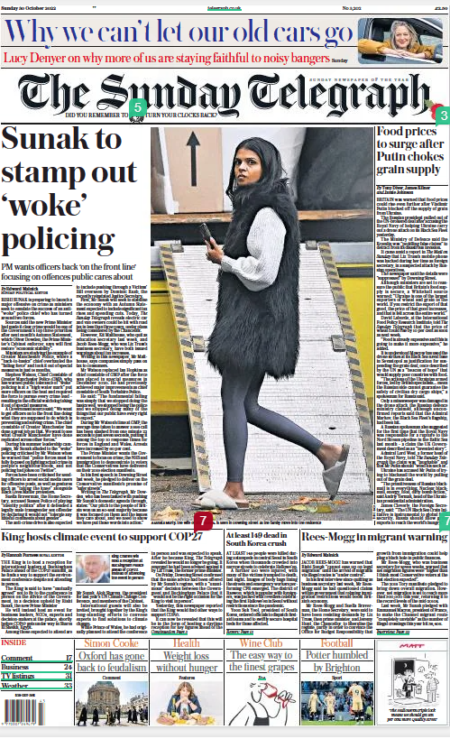 Sunak to stamp out ‘woke’ policing PM wants officers back ‘on the front line’ focusing on offences public cares about The Sunday Telegraph30 Oct 2022By Edward Malnick SUNDAY POLITICAL EDITOR RISHI SUNAK is preparing to launch a major offensive on crime as ministers seek to emulate the success of an anti“woke” police chief who has turned around two forces. Sources said the new Prime Minister had made it clear crime would be one of the Government’s top three priorities after next month’s Autumn Statement, which Oliver Dowden, the Prime Minister’s Cabinet enforcer, says will first restore “economic stability”. Ministers are studying the example of Greater Manchester Police, where a “back-to-basics” chief overhauled the “failing force” and took it out of special measures in just 18 months. Stephen Watson, Chief Constable of Greater Manchester Police (GMP), who has warned public tolerance of “woke” policing is at a “high water mark” put more officers on the beat and required the force to pursue every crime lead – resulting in the official watchdog taking it out of special measures. A Government source said: “We want to get officers on to the front line doing what they are supposed to do which is preventing and solving crime. The chief constable of Greater Manchester has done a great job on that. We want to see what Greater Manchester have done replicated across other forces.” During his summer leadership campaign, Mr Sunak alluded to the “woke” policing criticised by Mr Watson when he warned that “police forces must be fully focused on fighting actual crime in people’s neighbourhoods, and not policing bad jokes on Twitter”. Forces have been criticised for sending officers to arrest social media users for offensive posts, as well as gestures such as “taking the knee” alongside Black Lives Matter protesters. Suella Braverman, the Home Secretary, accused Sussex Police of playing “identity politics” after it defended a legally male transgender sex offender by declaring it would not “tolerate any hateful comments about gender”. The anti-crime drive is also expected to include pushing through a Victims’ Bill overseen by Dominic Raab, the recently reinstated Justice Secretary. First, Mr Sunak will seek to stabilise the economy with an Autumn Statement expected to include significant tax rises and spending cuts. Today, The Sunday Telegraph reveals electric car and van owners could be hit with road tax in less than three years, under plans being considered by the Chancellor. However, Kit Malthouse, who quit as education secretary last week, and Jacob Rees-Mogg, who was Liz Truss’s business secretary, have both issued warnings about tax increases. Writing in this newspaper, Mr Malthouse, says companies simply pass on tax to consumers. Mr Watson replaced Ian Hopkins as chief constable of GMP after the force was placed in special measures in December 2020. He had previously achieved major improvements as chief constable of South Yorkshire Police. He said: “The fundamental failing was simply that we stopped doing the basics well, we stopped being the police and we stopped doing many of the things that our public have every right to expect.” During Mr Watson’s time at GMP, the average time taken to answer a 999 call has been slashed from one minute 22 seconds to just seven seconds, putting it among the top 10 response times for forces in England and Wales. Arrests have increased by 60 per cent. The Prime Minister wants the Government to focus on crime, the NHS and immigration to demonstrate to voters that the Conservatives have delivered on their 2019 election manifesto. In his first speech in Downing Street last week, he pledged to deliver on the Conservative manifesto’s promise of “safer streets”. Writing in The Telegraph, Mr Dowden, who has been tasked with pushing Mr Sunak’s domestic agenda through, states: “Our pitch to the people of Britain won us an 80-seat majority because it was focused on them and the issues they care about, and we need to show we have put those words into action.”