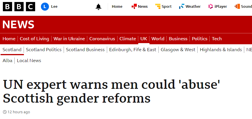 BBC website - "UN expert warns men could 'abuse' Scottish gender reforms"
