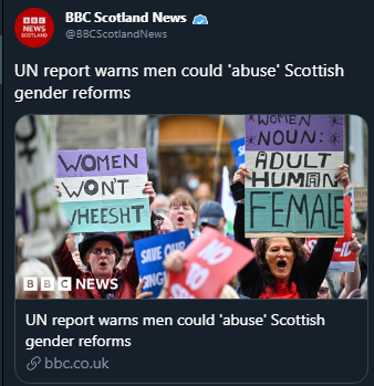 BBC tweet - "UN report warns men could 'abuse' Scottish gender reforms"