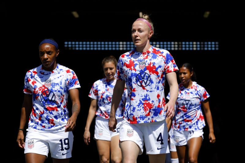 WELLINGTON, NEW ZEALAND - JANUARY 18: Crystal Dunn (L) and Becky Sauerbrunn of USA take the field to warm up during the International friendly fixture match between the New Zealand Football Ferns and the United States at Sky Stadium on January 18, 2023 in Wellington, New Zealand. (Photo by Hagen Hopkins/Getty Images)