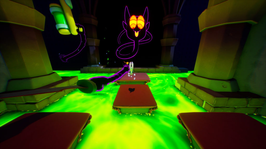 A screenshot from Billie Bust Up showing Billie during their bossfight with the shadow creature from the previous image. The shadow is wielding a giant sword as Billie jumps from platform to platform over some dangerous looking green ooze.