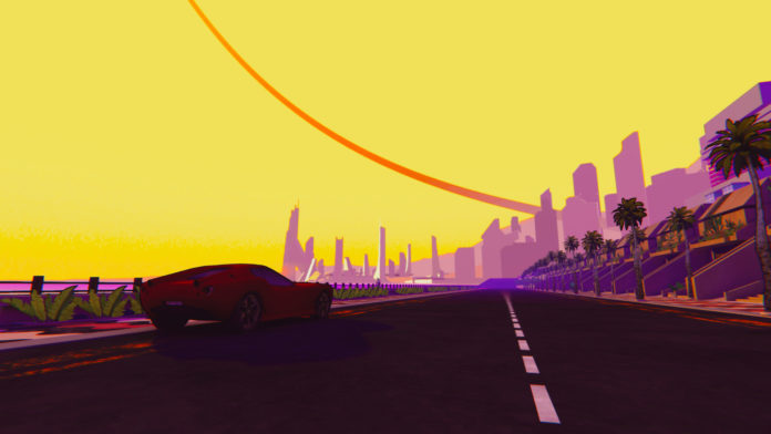 A screenshot from Mars Vice showing a red sports car on an empty road facing towards a distant city clouded in a purple haze and underneath a yellow sky.