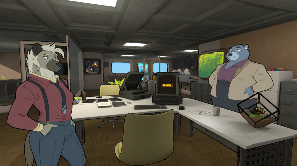 A screenshot from Mars Vice showing two characters, a humanoid blue bear and a humanoid spotted hyena in an office setting. 