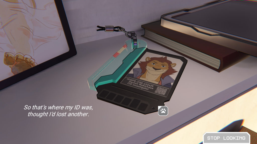 A screenshot from Mars Vice showing a futuristic ID card sitting on a shelf next to some books and a photo in a frame. The ID reads: "MP8-2158-633425 Daxton Robichaux CIO Investigator" Dax is captioned saying "So that's where my ID was, I thought I'd lost another".