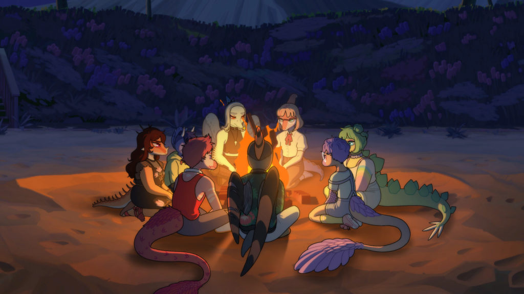 Goodbye Volcano High: a collection of the characters sit closely around a campfire together