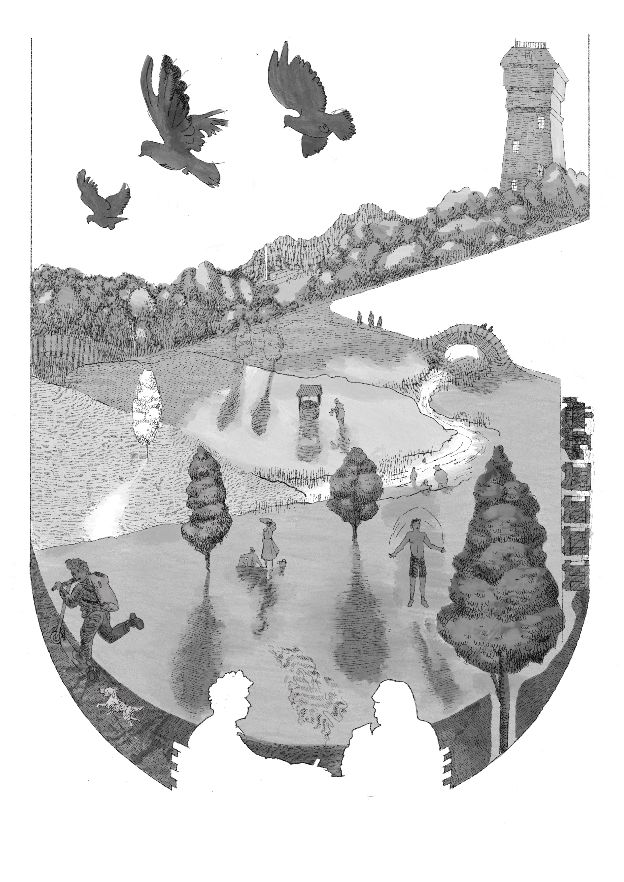 Another illustration from The Undying Author by Sam Petherbridge. This time showing a large park with buildings in the distance, birds in the sky, people in the park and two figures rendered out of the negative space at the bottom of the image who appear to be sitting on a bench and watching the scene too.
